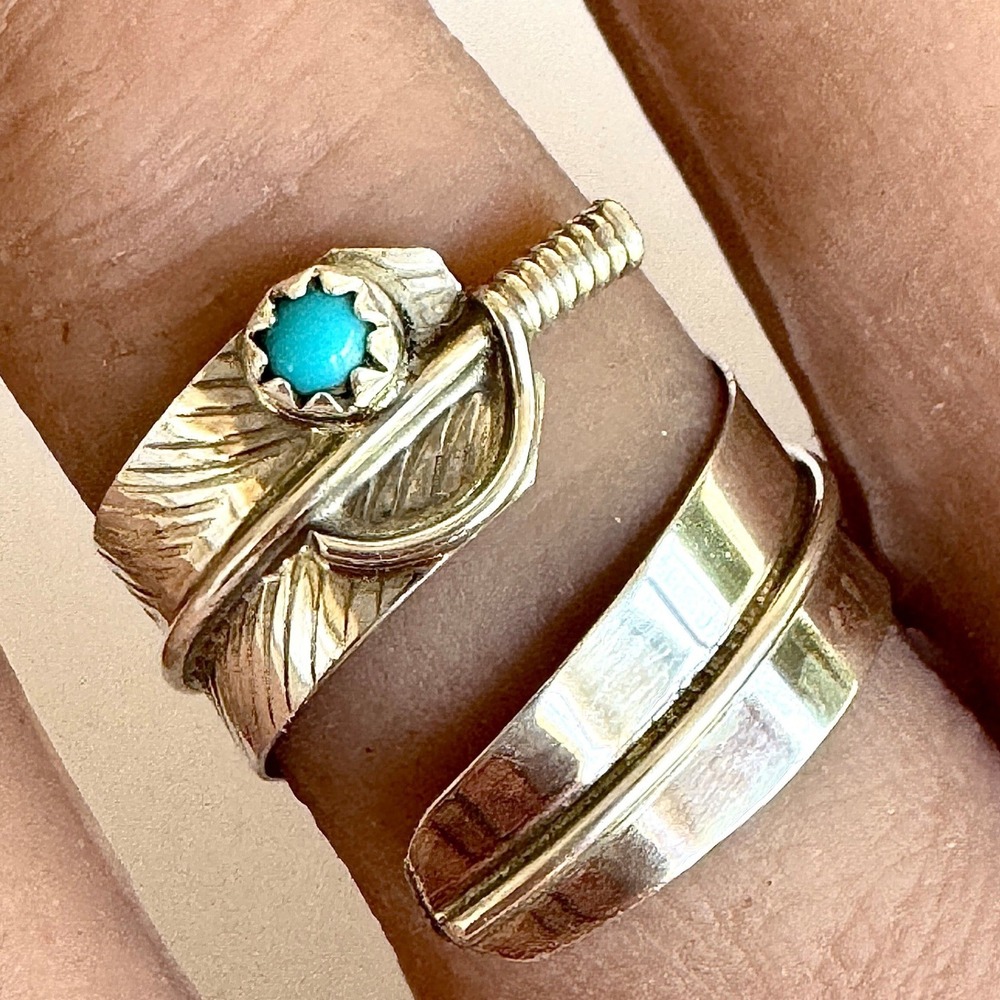 Navajo Turquoise Wrap Ring Feather Sz 7 Adjustable Bypass Sterling Signed AD